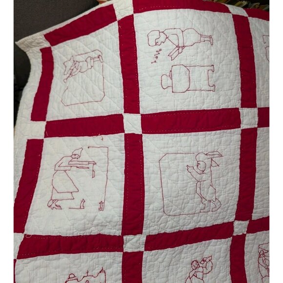 Redwork Colonial Embroidered Quilt Early 1900s Twin 83x67 Pioneer Hand quilted - Picture 12 of 16